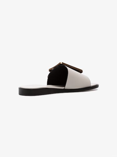 White leather slides with gold buckle展示图