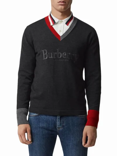 Burberry Embroidered Logo Merino Wool V neck Sweater Eraldo FR