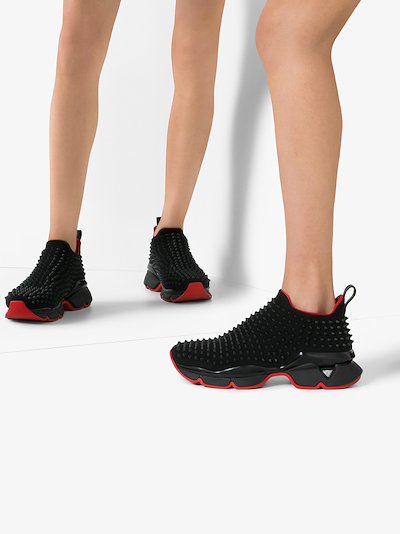 Christian Louboutin Black Donna spike stud leather trim sock sneakers ...