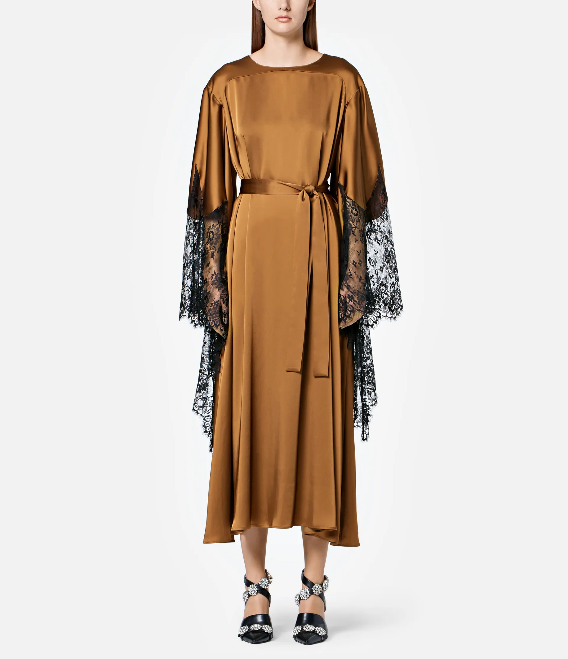 satin dress with lace trim
