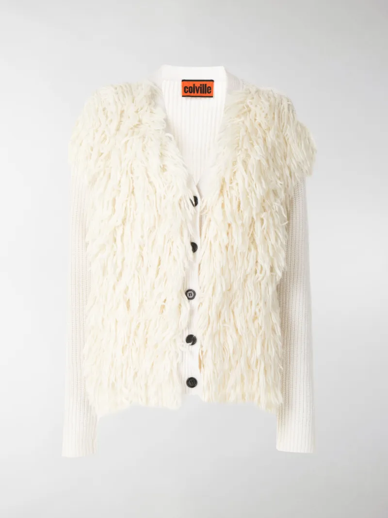 white shaggy cardigan