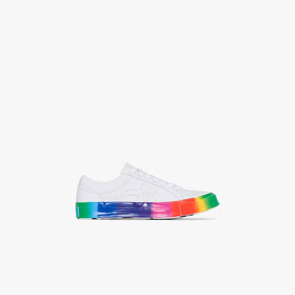 white converse with rainbow stitching