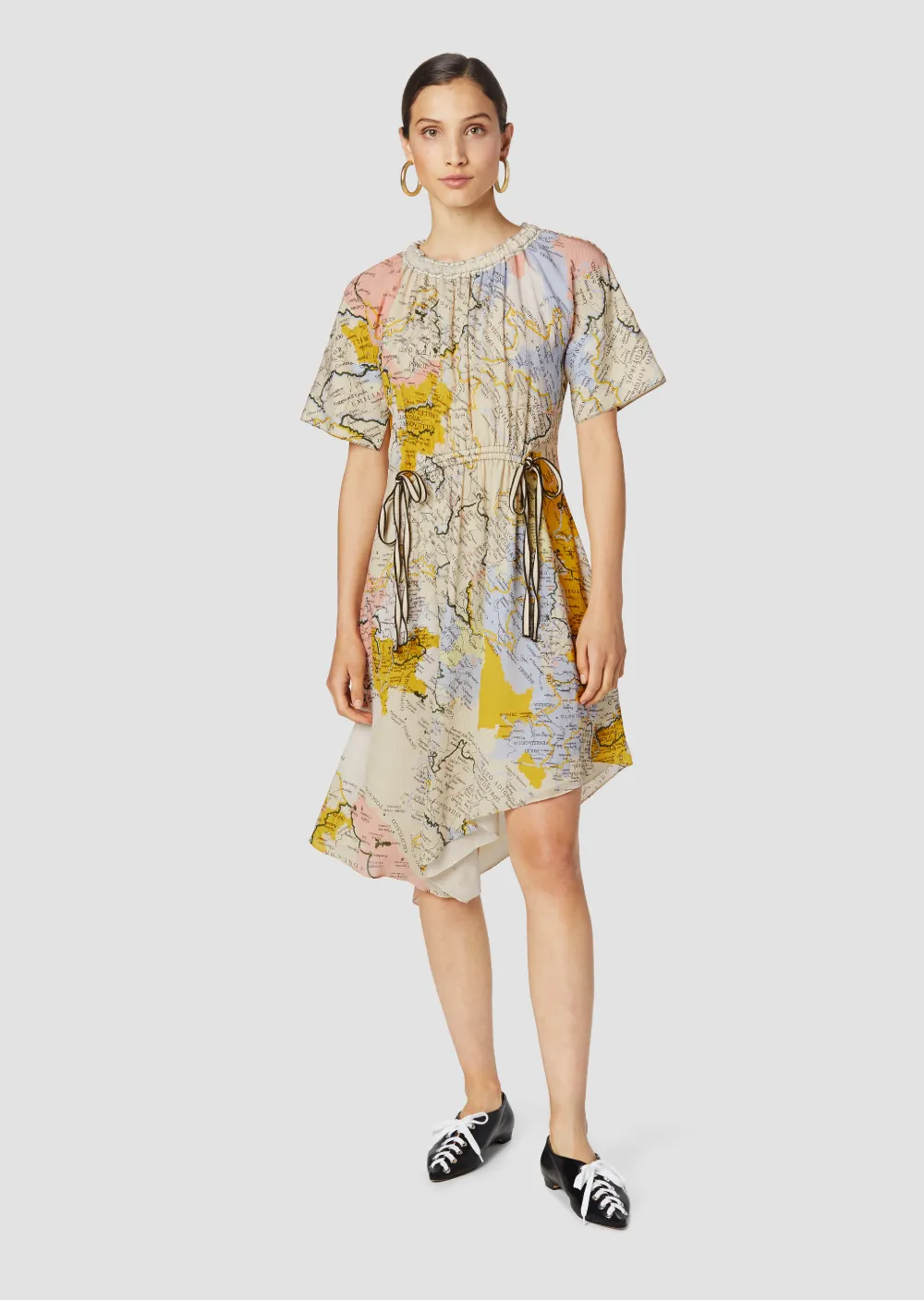 Asymmetric Drawstring Waist Map Print Georgette Dress