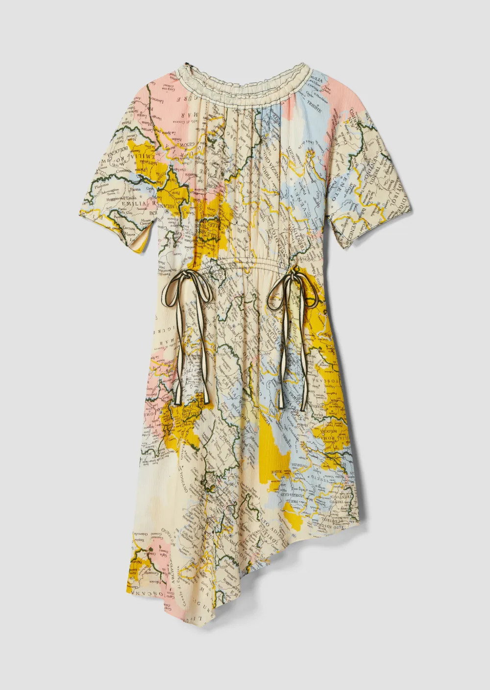 Asymmetric Drawstring Waist Map Print Georgette Dress