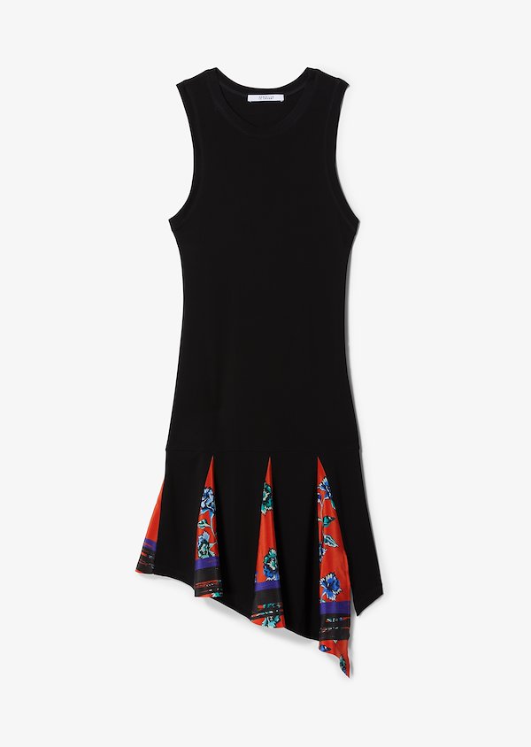 Asymmetrical Hem Matte Jersey Tank Dress With Printed Godet Insert Asymmetrical Hem Matte Jersey Tank Dress With Printed Godet Insert