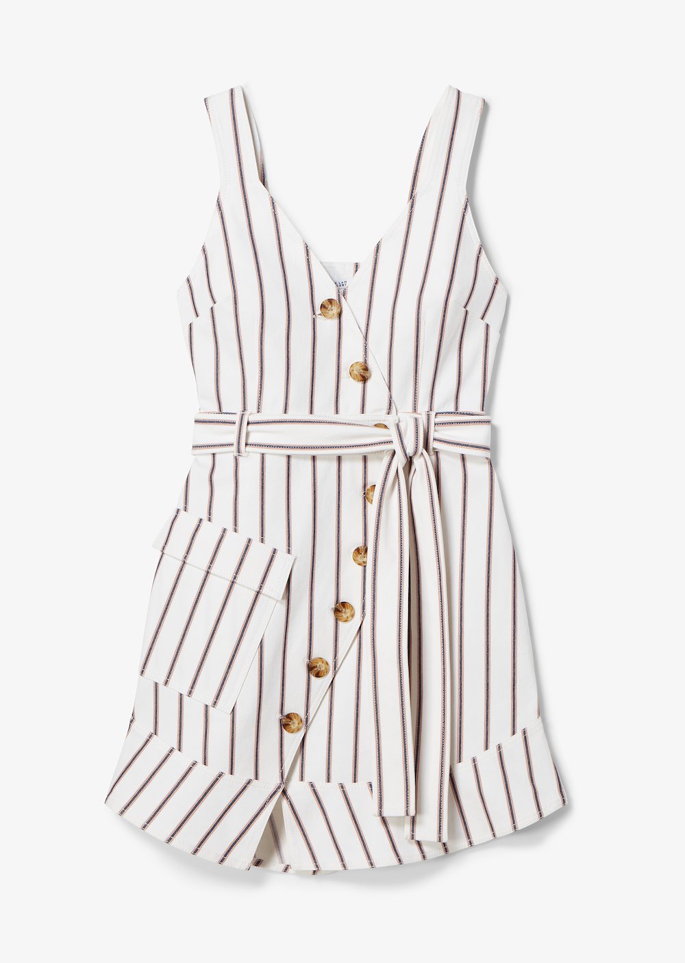 Belted Asymmetrical Placket Pencil Striped Dress