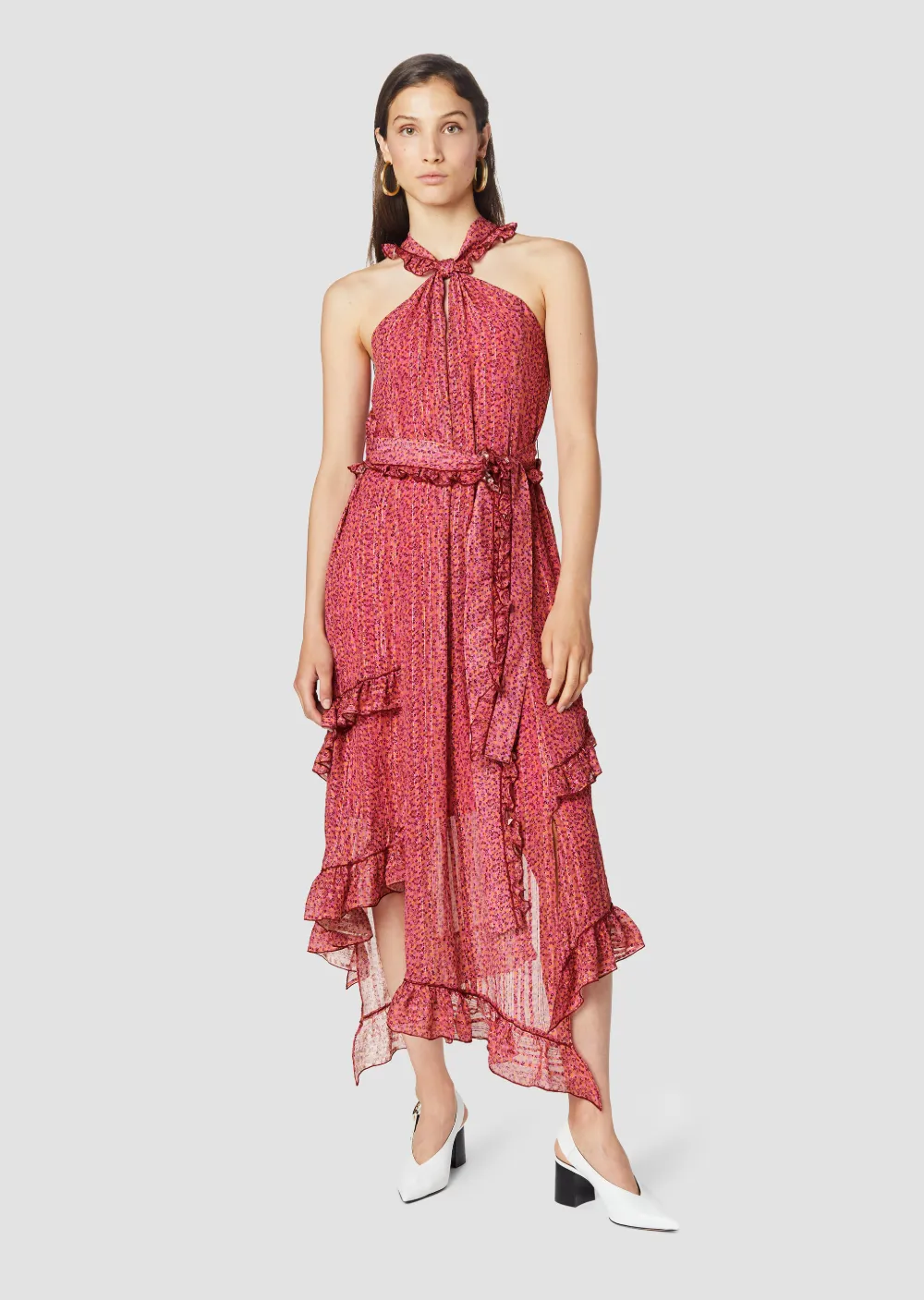 Belted Floral Print Lurex Chiffon Midi Dress