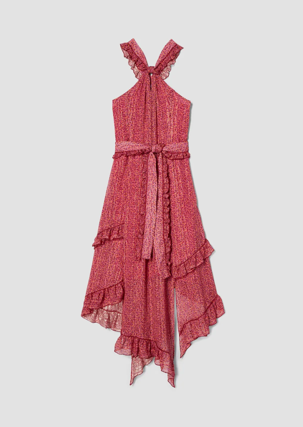 Belted Floral Print Lurex Chiffon Midi Dress