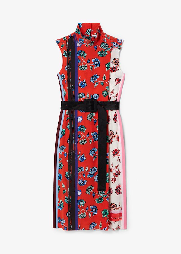 Belted Sleeveless French Floral Dress with Foldover Collar Belted Sleeveless French Floral Dress with Foldover Collar