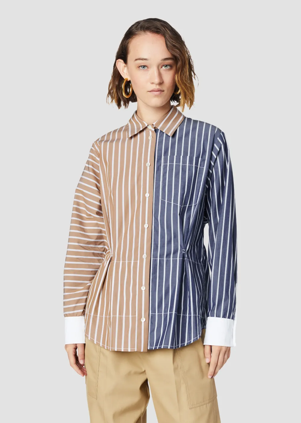 Colorblocked Striped Cotton Button-Down Shirt