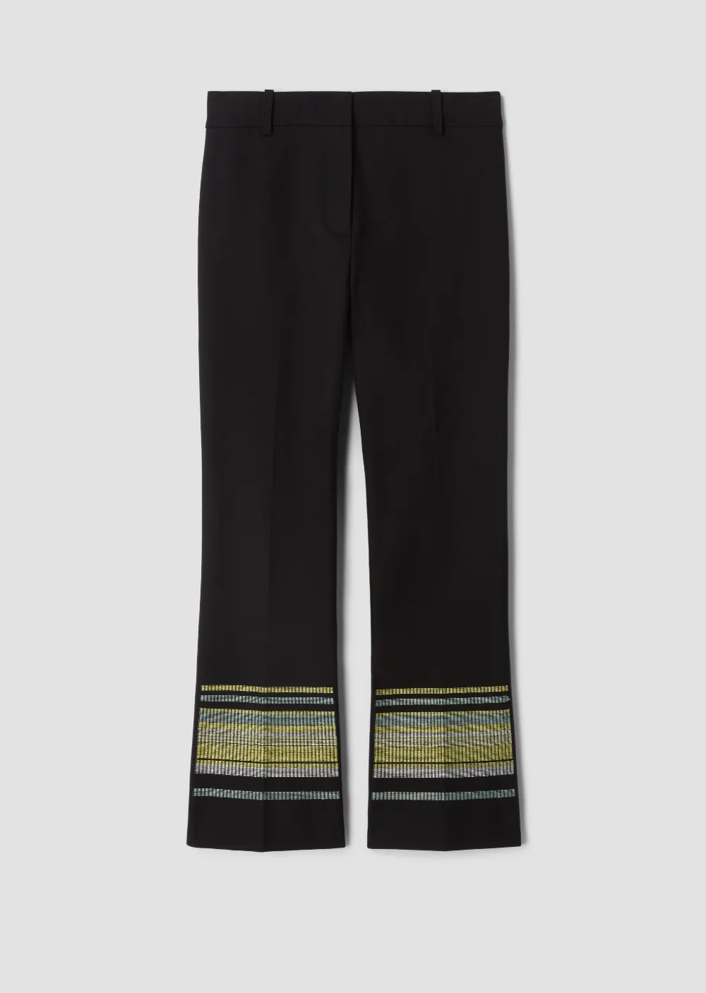Cropped Flare Trouser with Stripe Embroidered Hem