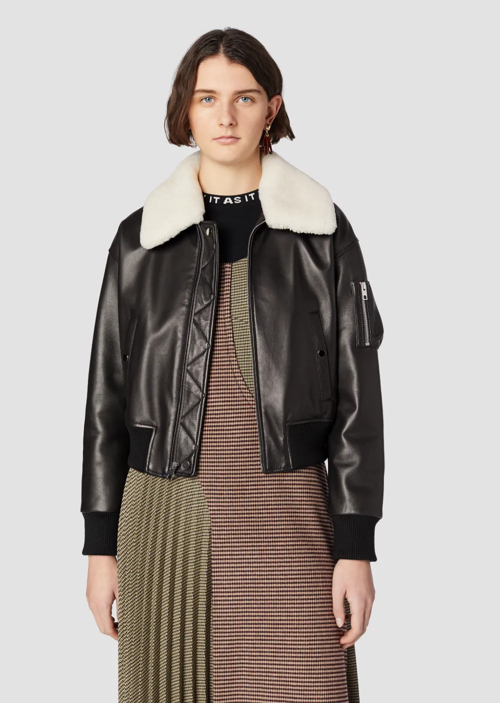 Cropped Leather Flight Jacket with Shearling Collar