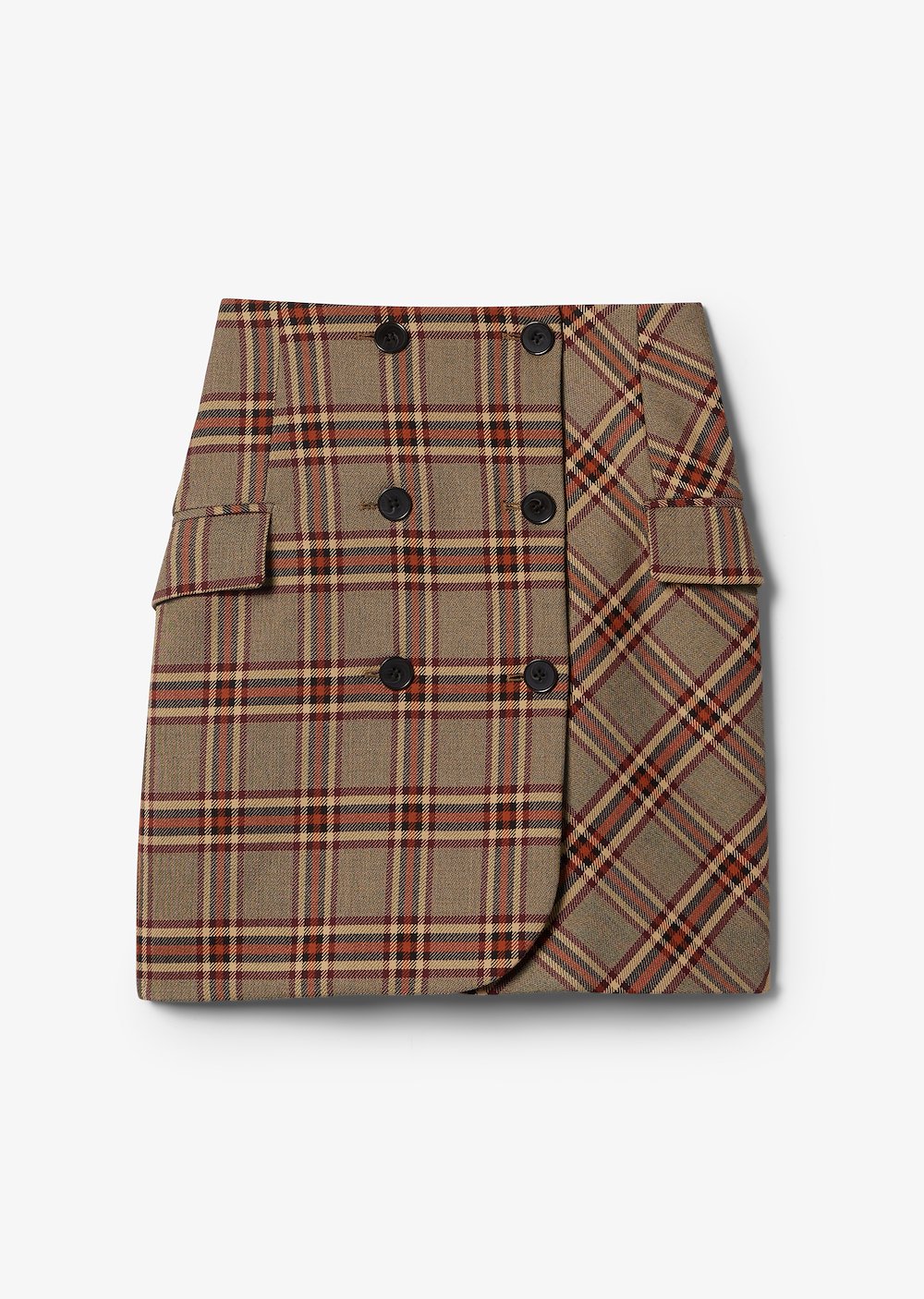 Double Breasted Plaid Twill Mini Skirt