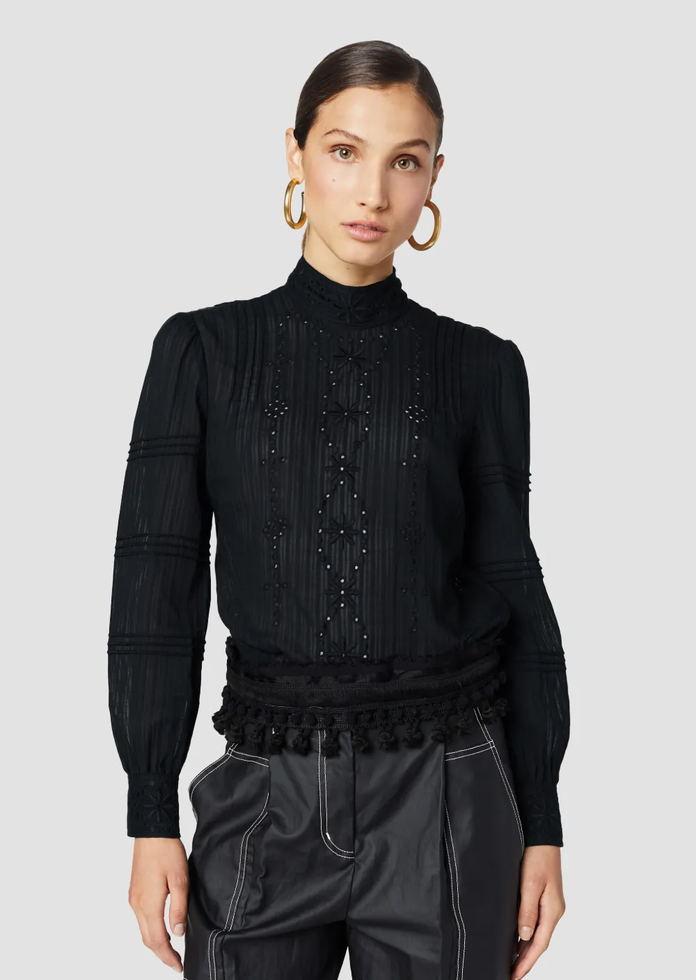 Embroidered Pintuck Cotton Blouse