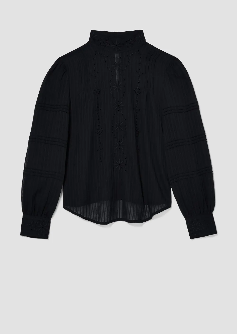 Embroidered Pintuck Cotton Blouse