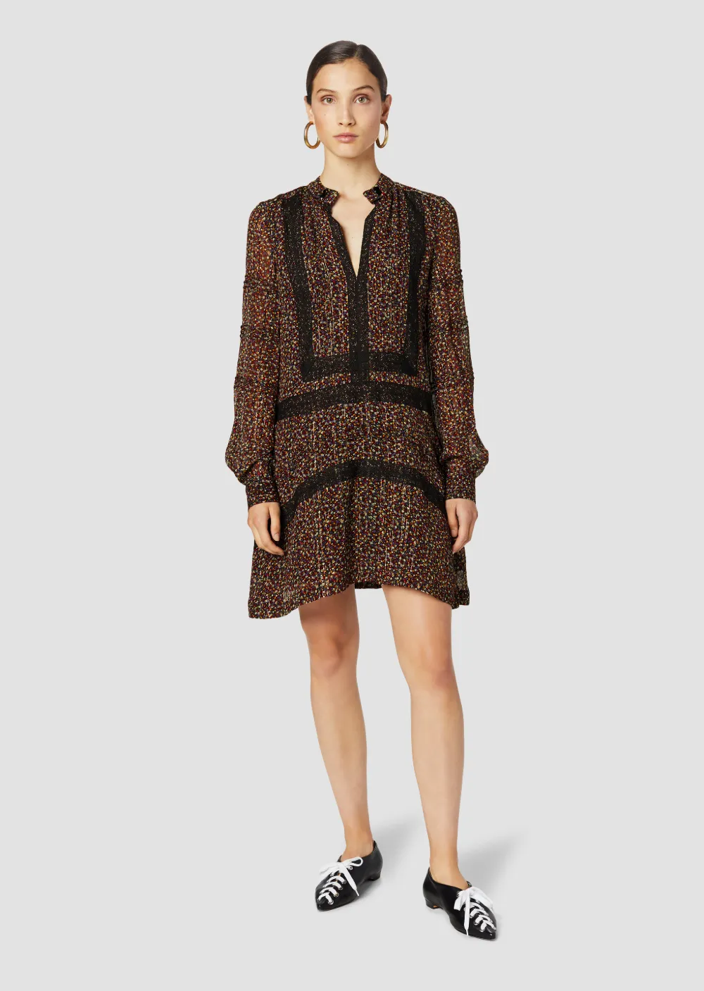Lace-Trimmed Floral Print Lurex Chiffon Shift Dress