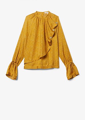 Long Sleeve Asymmetric Mini Paisley Draped Blouse with Snaps Long Sleeve Asymmetric Mini Paisley Draped Blouse with Snaps
