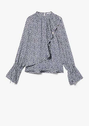 Long Sleeve Asymmetric Mini Paisley Draped Blouse with Snaps Long Sleeve Asymmetric Mini Paisley Draped Blouse with Snaps