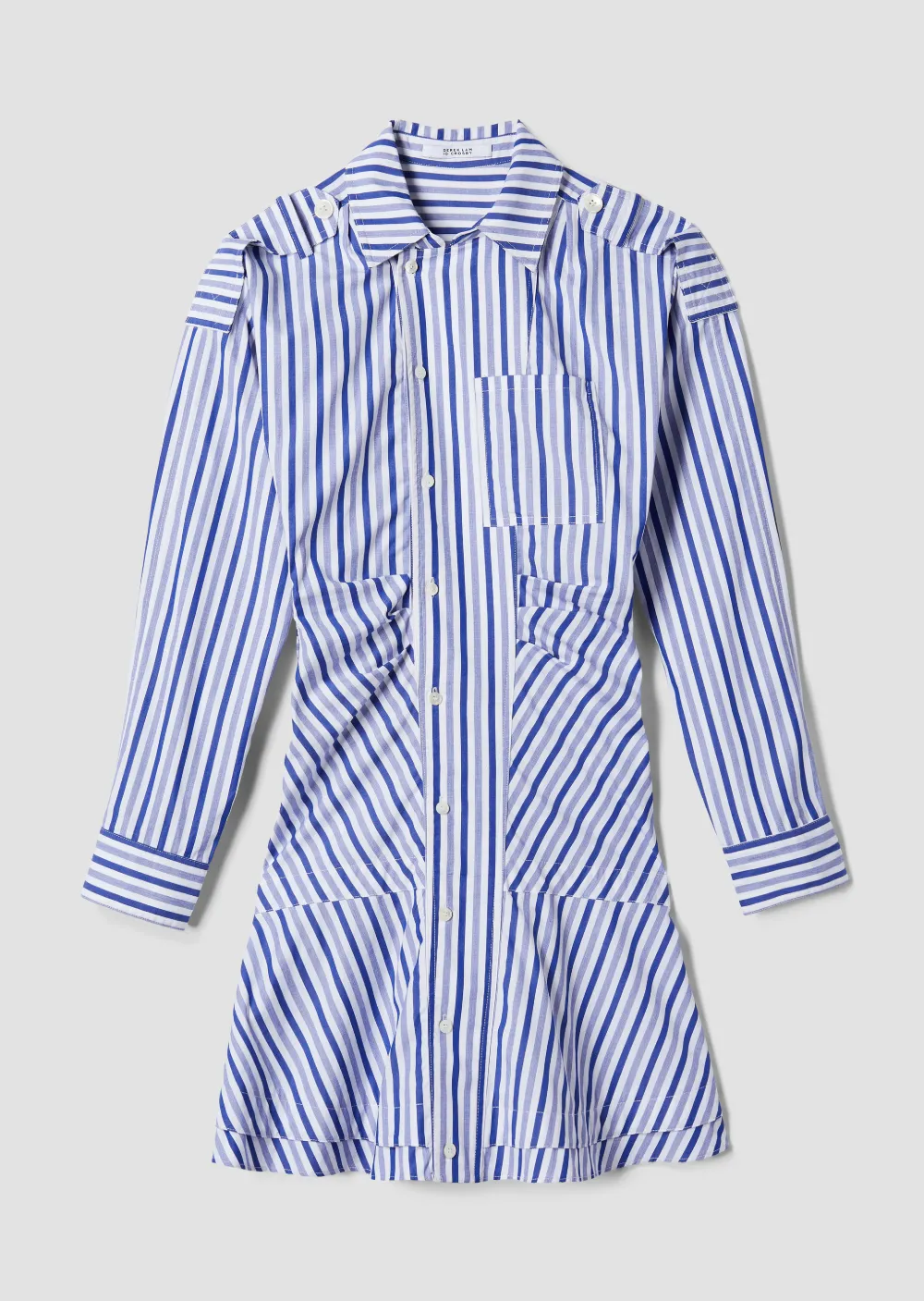 Long Sleeve Blue Multi Striped Ruffle Placket Shirtdress