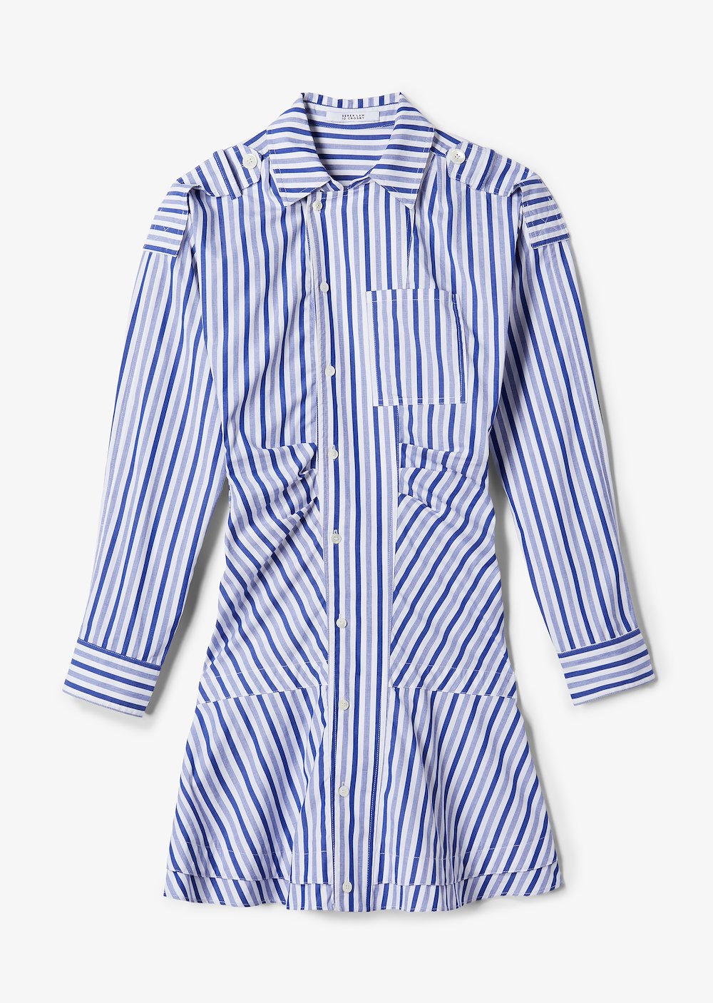 Long Sleeve Blue Multi Striped Ruffle Placket Shirtdress