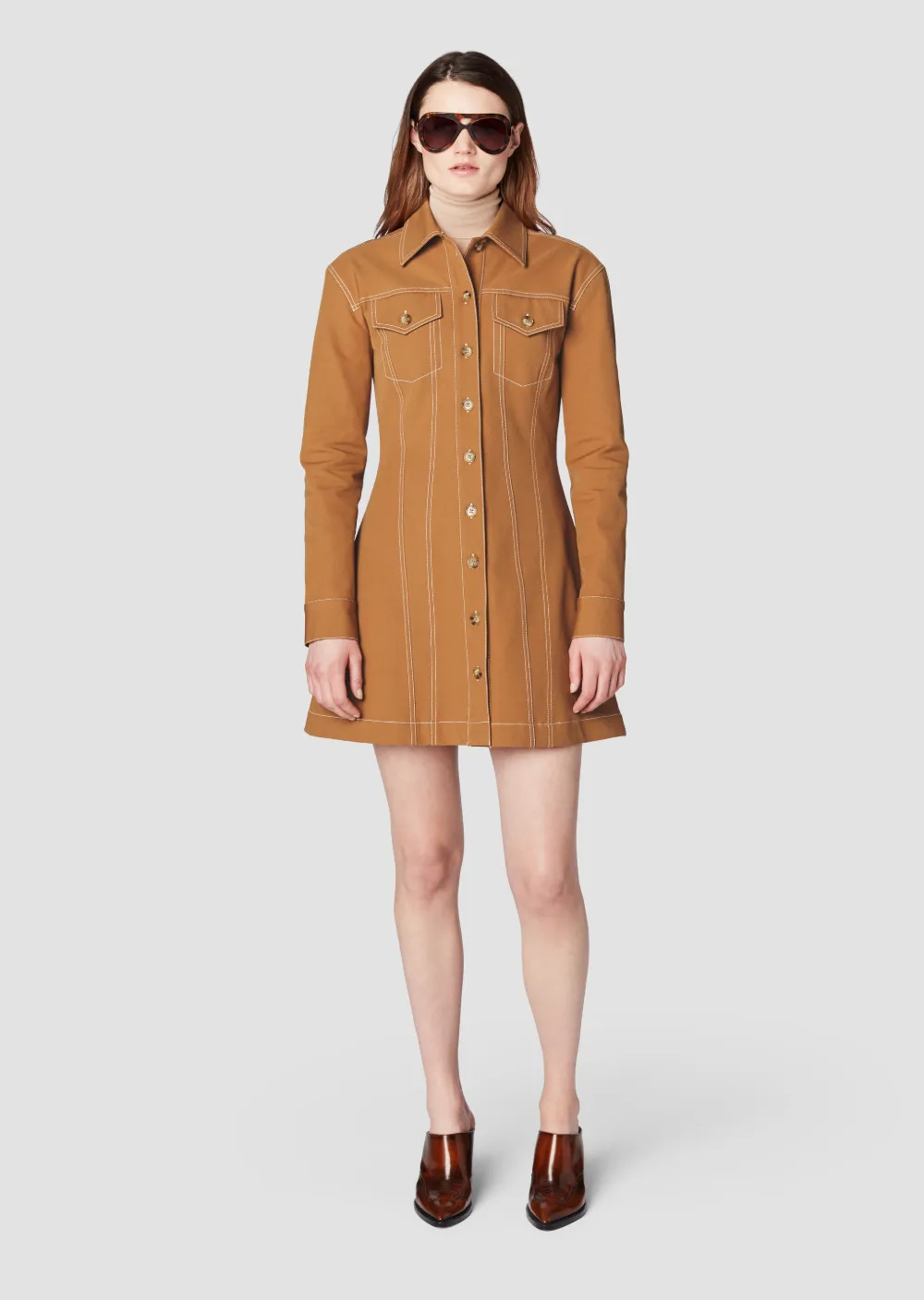 Long Sleeve Button-Down Dress with Topstitching