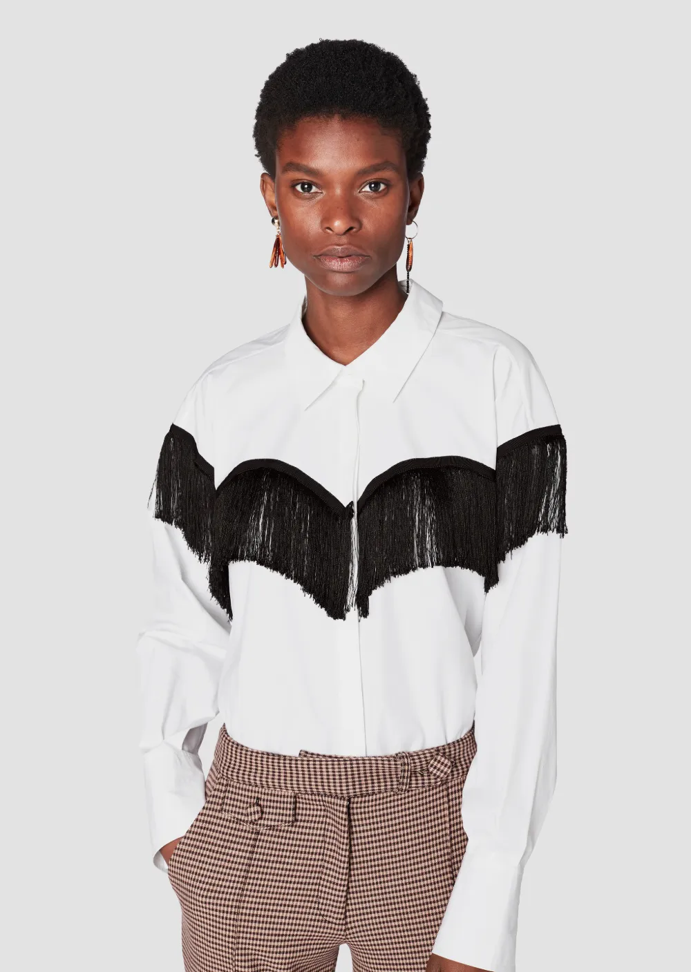 Long Sleeve Button-Down Shirt with Fringe