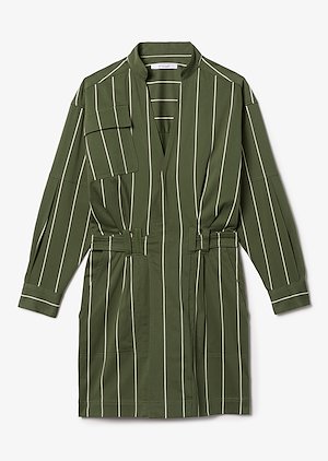 Long Sleeve Cotton Sateen Striped Utility Wrap Shift Dress Long Sleeve Cotton Sateen Striped Utility Wrap Shift Dress