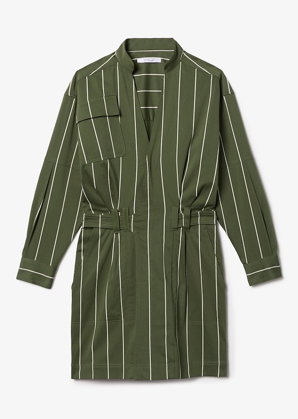 Long Sleeve Cotton Sateen Striped Utility Wrap Shift Dress Long Sleeve Cotton Sateen Striped Utility Wrap Shift Dress