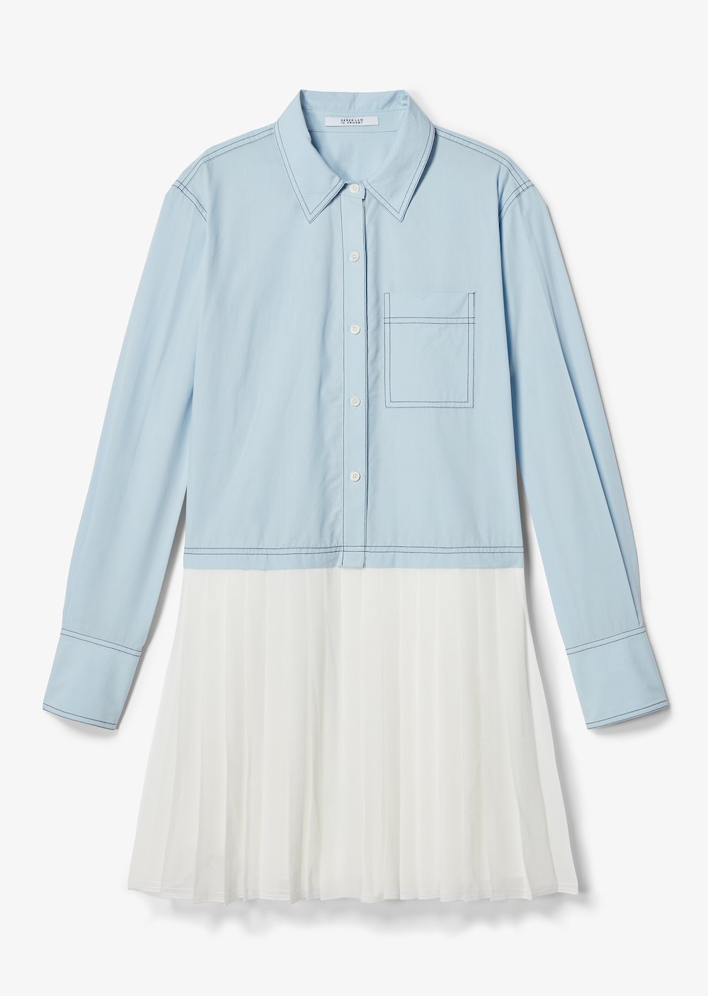 Long Sleeve Mixed Media Cotton Poplin Shirt Dress with Pleated Hem