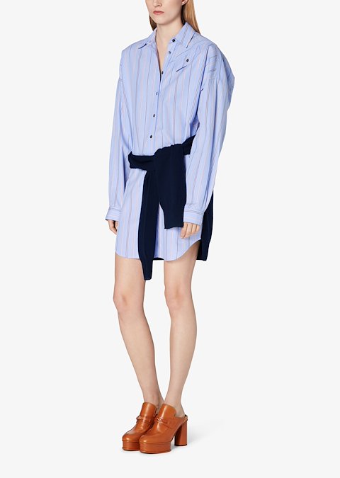 Long Sleeve Mixed Stripe Button Down Shirt Dress with Knit Waist Tie