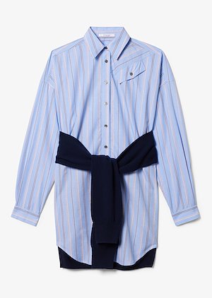 Long Sleeve Mixed Stripe Button Down Shirt Dress with Knit Waist Tie Long Sleeve Mixed Stripe Button Down Shirt Dress with Knit Waist Tie