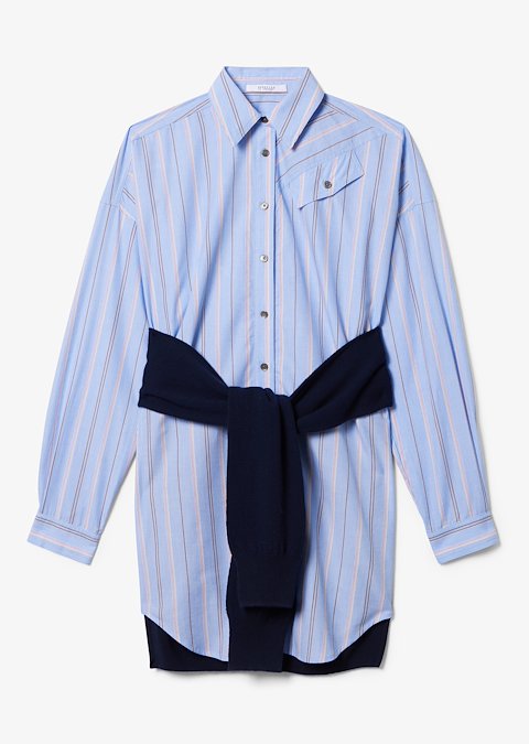 Long Sleeve Mixed Stripe Button Down Shirt Dress with Knit Waist Tie