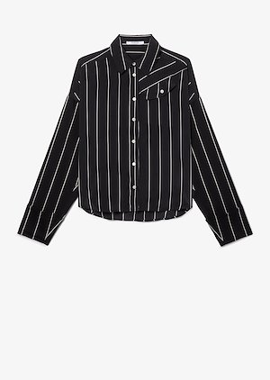 Long Sleeve Pinstripped Silk Button-Down Shirt with Contrast Sleeves Long Sleeve Pinstripped Silk Button-Down Shirt with Contrast Sleeves