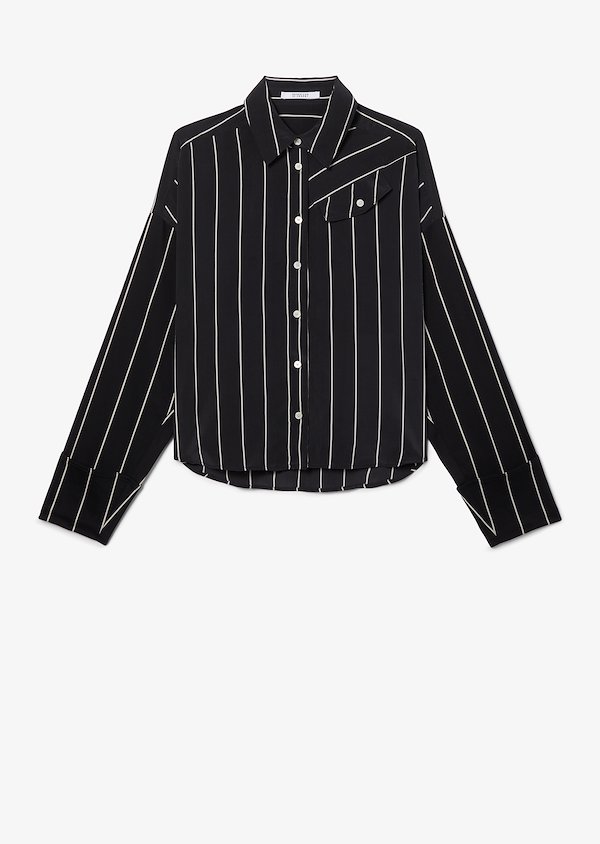Long Sleeve Pinstripped Silk Button-Down Shirt with Contrast Sleeves Long Sleeve Pinstripped Silk Button-Down Shirt with Contrast Sleeves