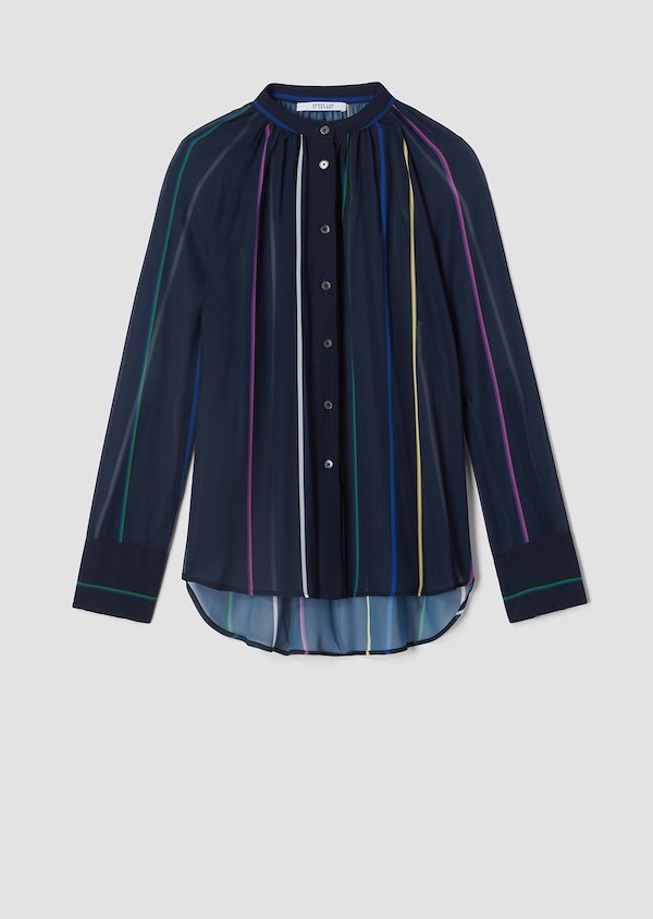 Long Sleeve Rainbow Stripe Gathered Button-Down Blouse Long Sleeve Rainbow Stripe Gathered Button-Down Blouse