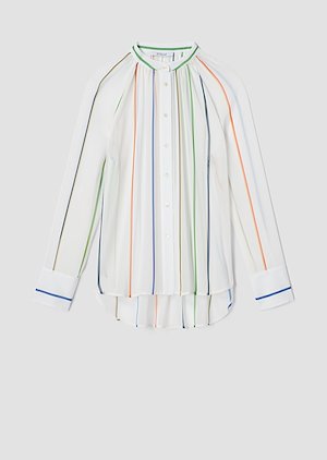 Long Sleeve Rainbow Stripe Gathered Button-Down Blouse Long Sleeve Rainbow Stripe Gathered Button-Down Blouse