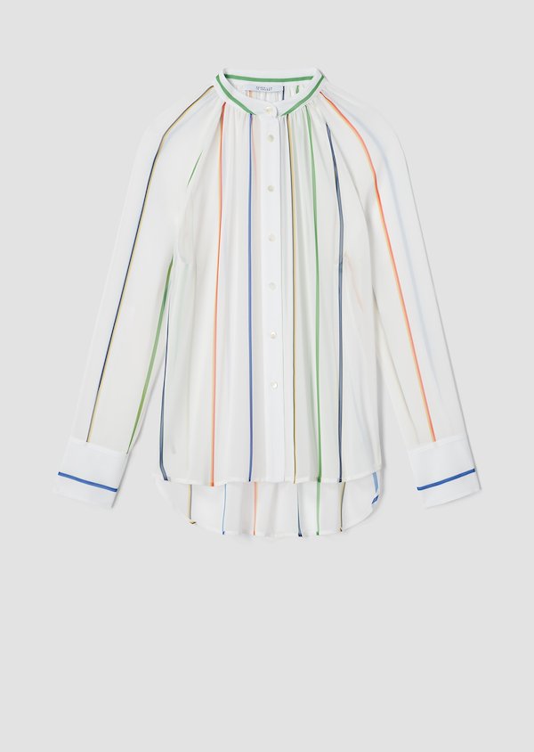 Long Sleeve Rainbow Stripe Gathered Button-Down Blouse Long Sleeve Rainbow Stripe Gathered Button-Down Blouse