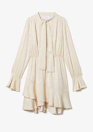 Long Sleeve Ruffle Hem Snake Satin Dress with Button Detail Long Sleeve Ruffle Hem Snake Satin Dress with Button Detail
