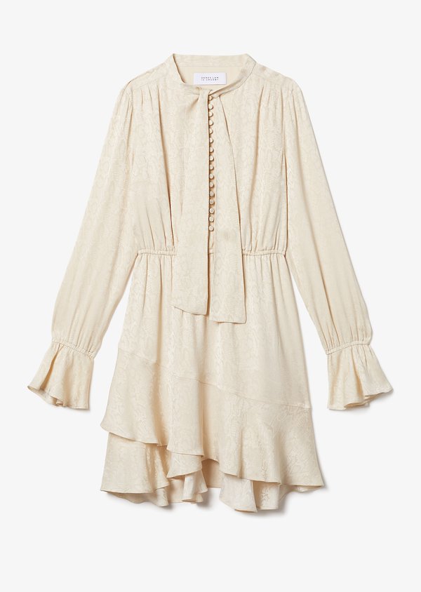 Long Sleeve Ruffle Hem Snake Satin Dress with Button Detail Long Sleeve Ruffle Hem Snake Satin Dress with Button Detail