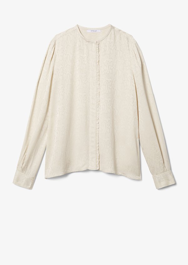 Long Sleeve Snake Satin Blouse with Ruffle Detail Placket Long Sleeve Snake Satin Blouse with Ruffle Detail Placket