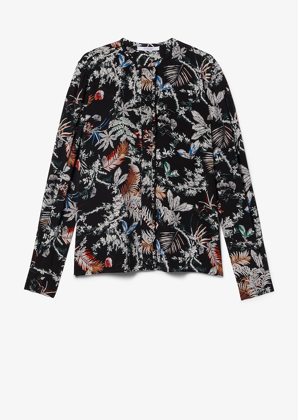 Long Sleeve Wallpaper Floral Blouse with Ruffle Detail Placket Long Sleeve Wallpaper Floral Blouse with Ruffle Detail Placket