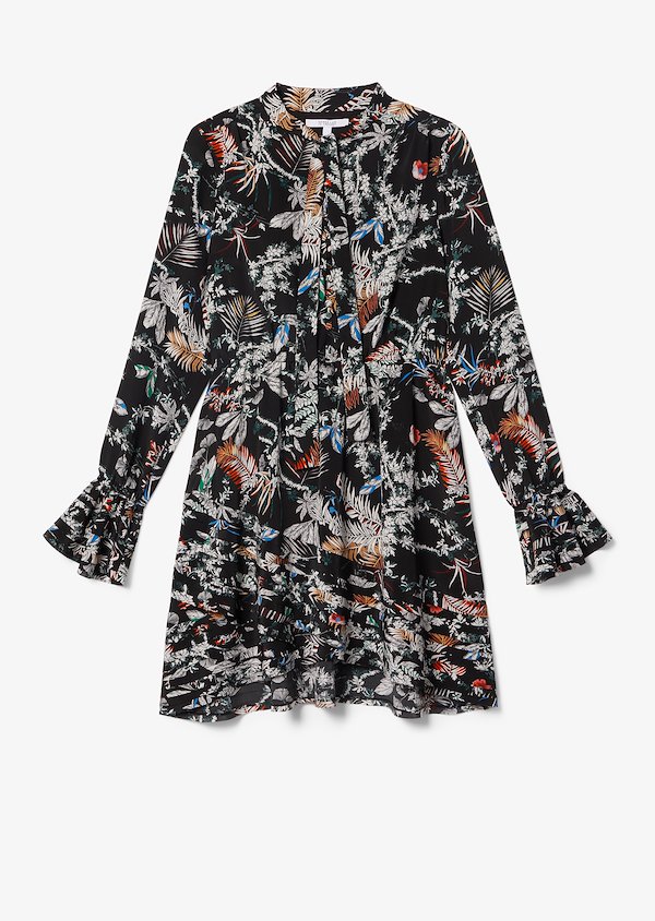 Long Sleeve Wallpaper Floral Ruffle Hem Dress with Button Detail Long Sleeve Wallpaper Floral Ruffle Hem Dress with Button Detail