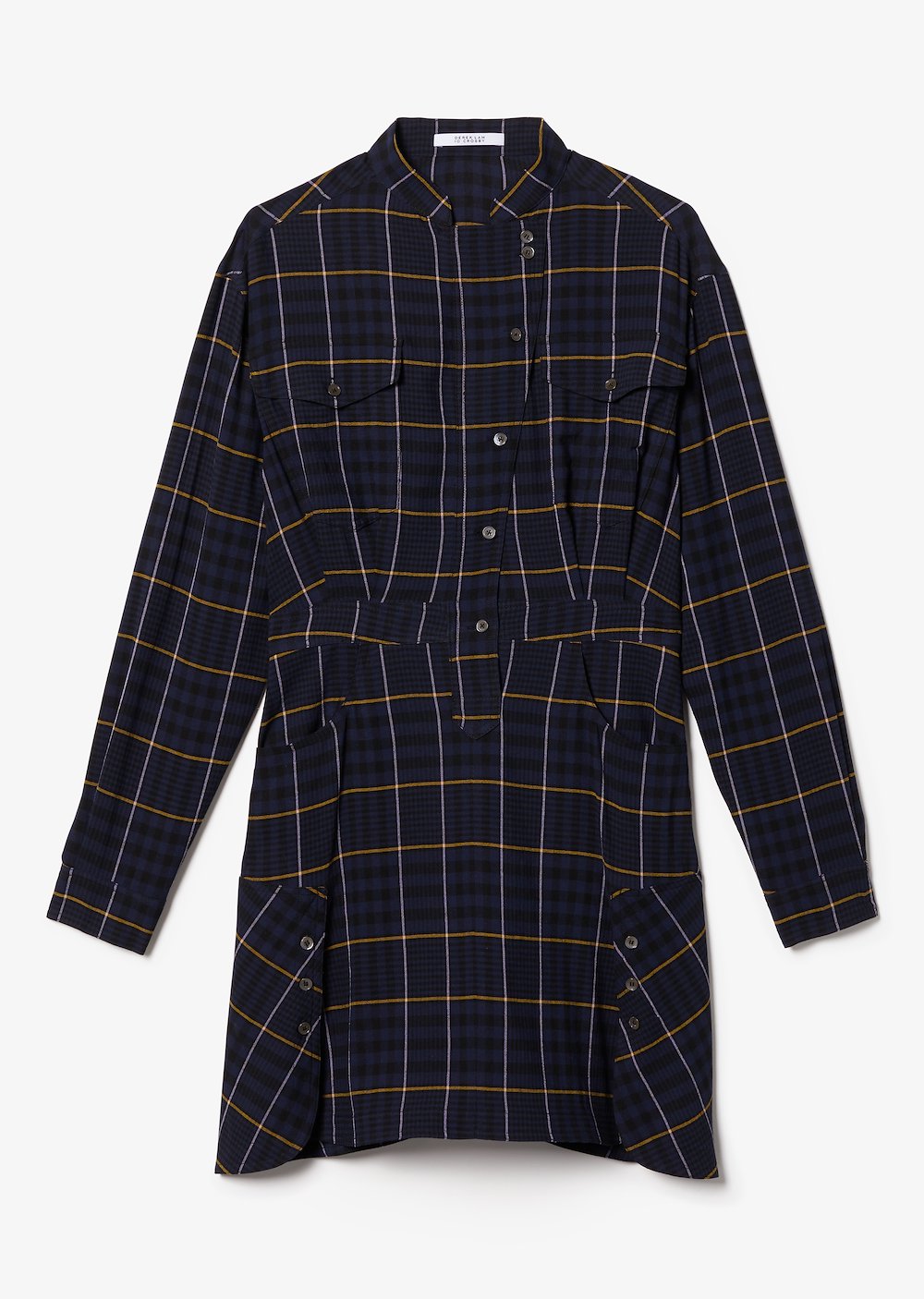 Long Sleeve Wool Plaid Mandarin Collar Shirt Dress