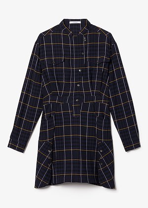 Long Sleeve Wool Plaid Mandarin Collar Shirt Dress Long Sleeve Wool Plaid Mandarin Collar Shirt Dress