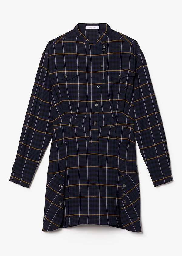 Long Sleeve Wool Plaid Mandarin Collar Shirt Dress Long Sleeve Wool Plaid Mandarin Collar Shirt Dress