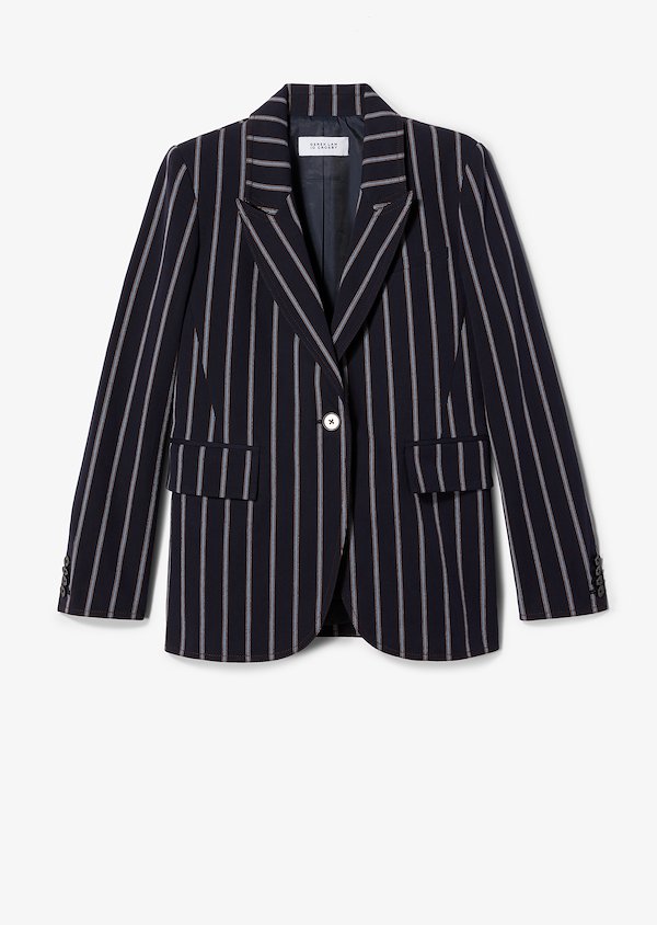 Pencil Striped Blazer with Contrast Rib Trim Pencil Striped Blazer with Contrast Rib Trim