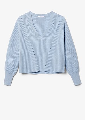 Ribbed Twilight Wool Cashmere V-Neck Bell Sleeve Sweater Ribbed Twilight Wool Cashmere V-Neck Bell Sleeve Sweater