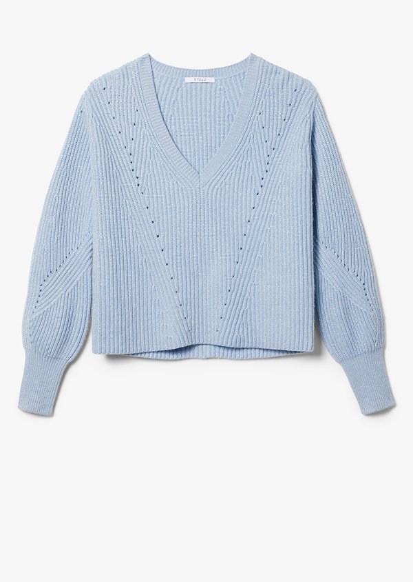 Ribbed Twilight Wool Cashmere V-Neck Bell Sleeve Sweater Ribbed Twilight Wool Cashmere V-Neck Bell Sleeve Sweater