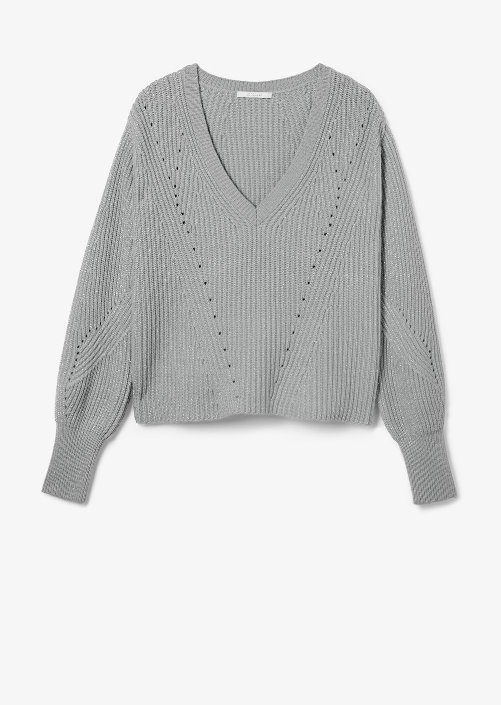 Ribbed Twilight Wool Cashmere V-Neck Bell Sleeve Sweater