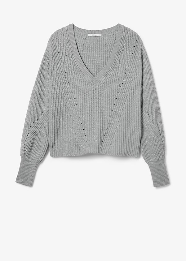 Ribbed Twilight Wool Cashmere V-Neck Bell Sleeve Sweater Ribbed Twilight Wool Cashmere V-Neck Bell Sleeve Sweater